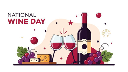 Vibrant National Wine Day celebration with bottles, glasses, grapes, and cheese display.