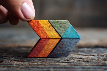 Colorful wooden puzzle arrow being assembled on a rustic wooden surface