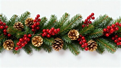 Christmas garland with pine branches, red berries, and pinecones