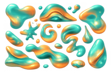 Abstract liquid shapes merging teal and orange iridescent fluid with 3d bubbles flowing on transparent background
