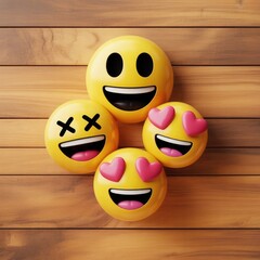 Smiling emojis with heart eyes on wooden background