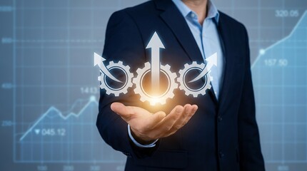 Businessman holding three interconnected gears with upward arrows above them symbolizing progress and teamwork against a backdrop of financial charts and graphs Growth Success Strategy