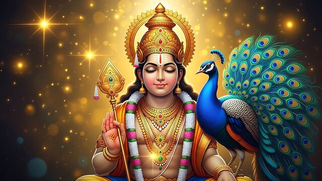 Lord Murugan Hindu God of War and Blessing with Spear and Peacock