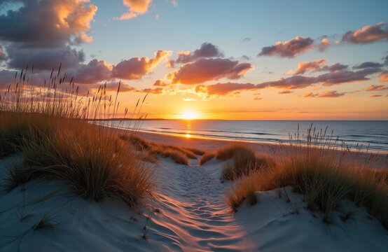 Golden sun sets over serene ocean beach with tall dune grass. Soft waves lap sandy shore, path leads to tranquil seascape. Evening sky painted with orange, pink clouds.