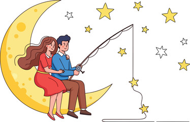 A cartoon couple sitting on a crescent moon fishing for stars on transparent background clean vector art