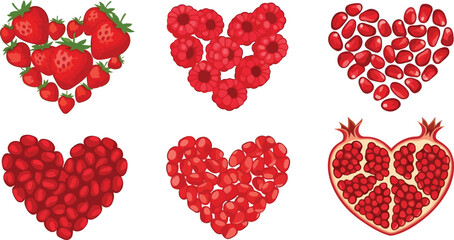 A heart-shaped arrangement of fresh strawberries, raspberries, and pomegranate seeds on transparent background