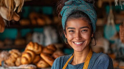 Smiling Woman in Bakery With Fresh Artisan Bread: Portrait of a Cheerful Baker Showcasing Traditional Cuisine in a Vibrant Market