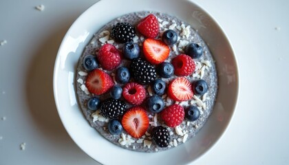 Healthy chia pudding bowl topped with fresh mixed berries like strawberries blueberries raspberries blackberries and shredded coconut. Enjoy this nutritious breakfast dessert. A perfect vegan meal.