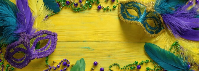 Mardi Gras masks and beads on yellow wood