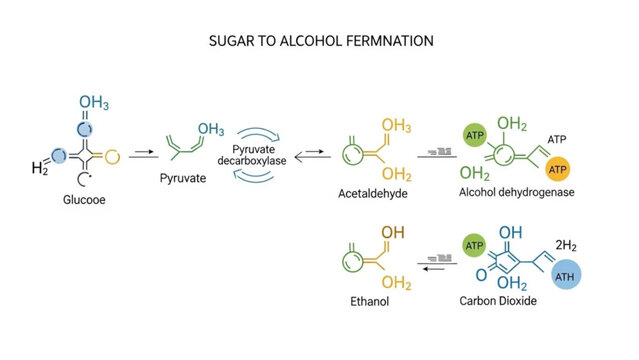 Sugar to alcohol fermentation process biochemical pathway illustration with glucose conversion to ethanol and carbon dioxide with ethanol production with enzyme
