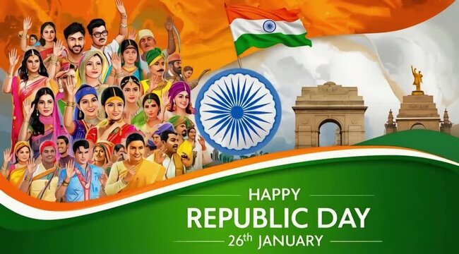 Happy Republic Day of India 26th January Patriotic Celebration with Diverse Indian People