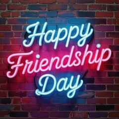Vibrant neon sign on brick wall celebrating Happy Friendship Day