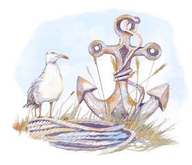 Old rusty anchor on the shore with marine ropes in tall yellow grass, a calm seagull, and clear blue sky. Peaceful coastal watercolor illustration for postcard, poster, or wall art © Tatiana