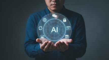A person holds a holographic interface displaying the letters AI surrounded by icons representing global connection communication security data scheduling and creativity artificial intelligence
