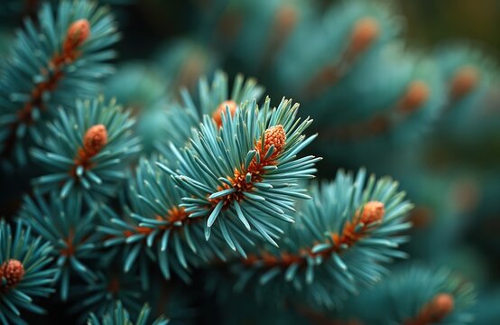 Close up of blue spruce tree branch with needles and developing cones. Evergreen conifer detail shows fresh growth in spring season. Natural texture and organic pattern.