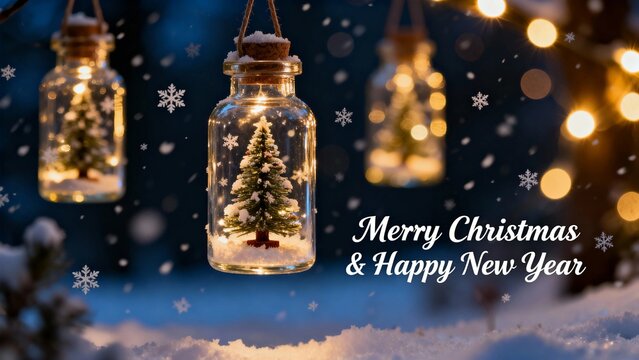 Hanging glass jars with illuminated Christmas trees and snowflakes against a snowy night sky, featuring festive lights and holiday greetings. - Powered by Adobe