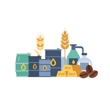 Cartoon illustration of gold bars, oil barrels, wheat, coffee beans, and cleaning products on a white background, conveying a cute and playful mood with a flat lay composition.