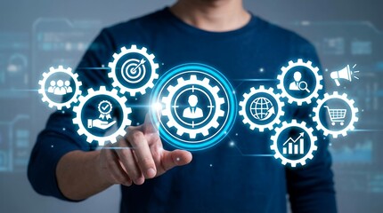 A person's hand interacts with a digital interface showcasing interconnected gears representing business processes customer management global reach sales and marketing strategies technology