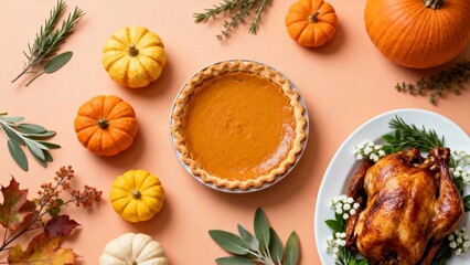 Thanksgiving feast featuring roasted turkey, pumpkin pie, and autumn decorations on a warm orange background