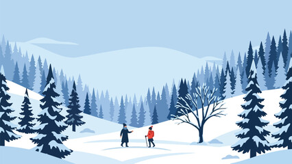 A picturesque winter wonderland scene featuring two individuals enjoying a serene snowy forest adventure amidst frosty pine trees and majestic