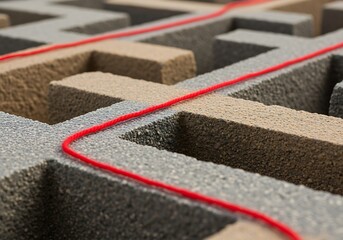 Close Up of Gray Foam Maze with Red String on Textured Surface