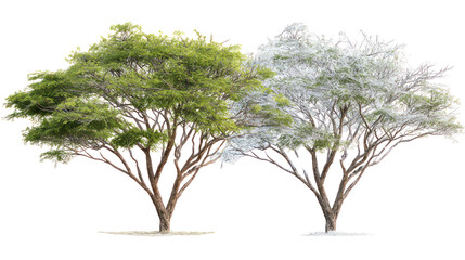 Two same acacia trees side by side one representing summer one winter on transparent background