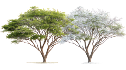 Two same acacia trees side by side one representing summer one winter on transparent background