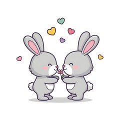 Two Cute Bunny Rabbits in Love Holding a Flower with Colorful Hearts
