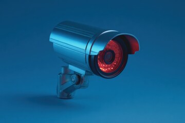 Modern security camera, metallic silver body, vibrant blue background