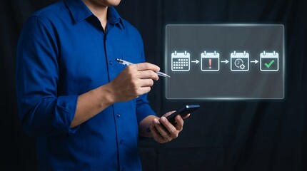 A person in a blue shirt holds a phone and pen interacting with a digital timeline flowchart featuring calendar alert gear and checkmark icons planning process task schedule management