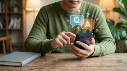 A person holding a smartphone with a Q A chat bubble graphic and question marks displayed sitting at a wooden table with a book QA Answer Mobile Technology Hand Knowledge Information