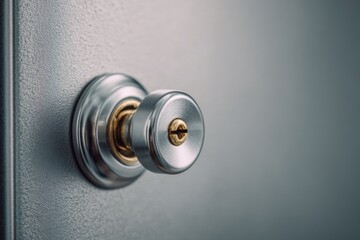 Close-up of a door handle on a gray metal door