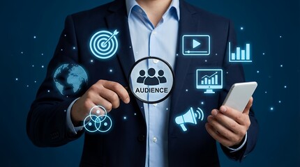 A businessman holds a magnifying glass over an AUDIENCE icon surrounded by digital marketing symbols like a globe target charts video player loudspeaker and phone on a dark blue background