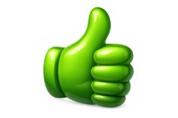 Green glossy thumbs up icon showing approval, success, and positive feedback in a 3d rendering with transparent background