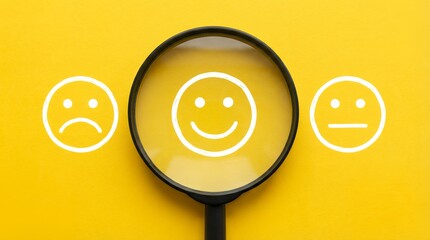 A magnifying glass enlarges a happy smiley face icon on a vibrant yellow background with neutral and sad faces visible on either side symbolizing analysis of emotions Survey Feedback