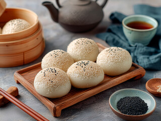 A traditional Asian scene with Mochi Buns in the center of the photography.