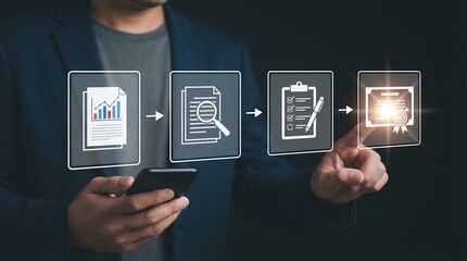 Business process flow illustrating document analysis checklist completion and achievement of success represented by a certificate icon data report research examine verify tasks goals