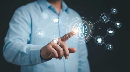 Man's finger touching a glowing AI brain hologram with icons representing global connection communication images learning success and music Artificial Intelligence Technology Digital