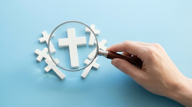 A hand holding a magnifying glass over white Christian crosses arranged in a circle on a blue background religion faith belief symbol research study examine observe focus detail macro