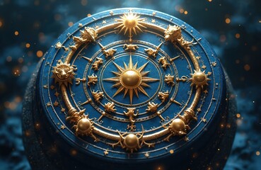 Ornate blue celestial globe with golden zodiac symbols and sun at center. Cosmic background with bokeh lights implies magic and mystery. Space exploration theme.