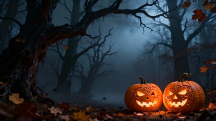 Two glowing jack-o'-lanterns in a misty forest at night, surrounded by autumn leaves and bare trees