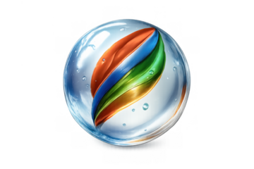 Glass cat's eye marble with colorful swirl reflecting light, transparent background, toy, game, childhood nostalgia