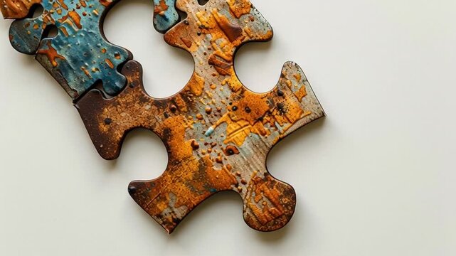 Rusty puzzle pieces connect on white background with blue and orange hues.