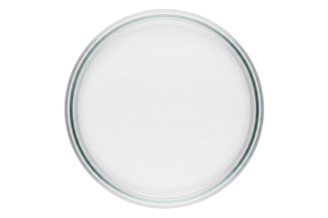 Top view of empty round transparent glass culture dish for the laboratory on a transparent background