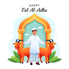 Happy Eid AlAdha Greeting with Man and Sacrificial Goats