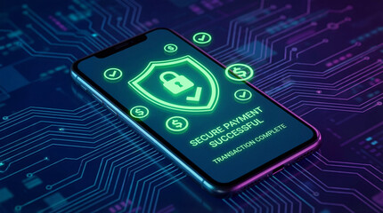Smartphone displaying secure payment notification with lock symbol, emphasizing digital security and successful transactions. vibrant colors and circuit patterns enhance modern technology theme