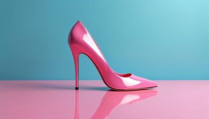 Shiny pink stiletto pump rests on a reflective surface. Bright blue backdrop contrasts with foreground, emphasizing elegant footwear. Perfect for fashion blogs, beauty articles, or retail displays.