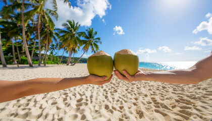 Close-up of Hands Holding a Fresh Coconut with a Straw on a Sunny Tropical Beach.Summer Vacation Concept