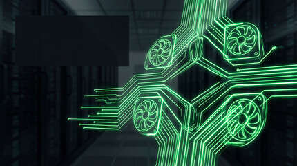 Abstract representation of technology with green circuit lines and fan designs, symbolizing data processing and cooling systems in server environment