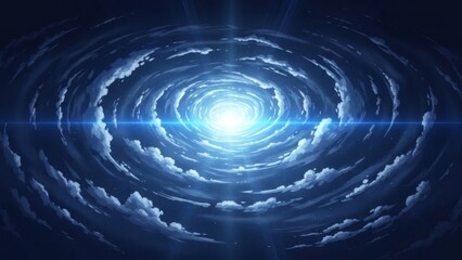 Cosmic vortex of swirling clouds and light creating a celestial portal or gateway to another dimension with bright ethereal glow